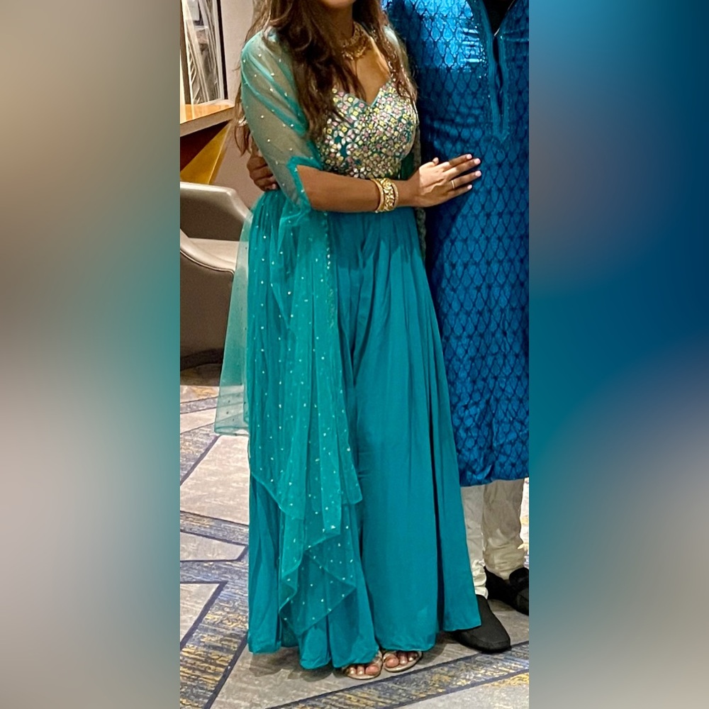 Teal Crop Top With Mirror Work, Net Jacket & Pala… - image 4